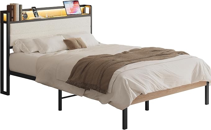 LIKIMIO Full Bed Frame with Storage Headboard and LED Lights, Metal Platform Bed with Charging Station, Noise Free, No Box Spring Needed, Under Bed Storage, Natural and Cream