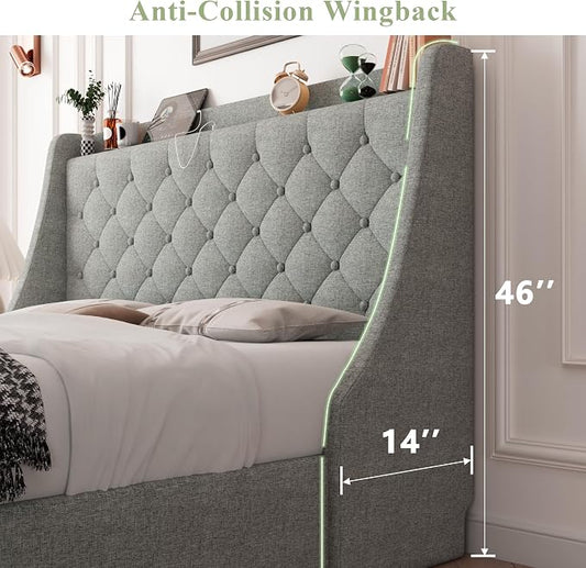Feonase Queen Size Bed Frame with 4 Storage Drawers, Upholstered Storage Bed with Charging Station, Tufted Wingback Headboard, No Box Spring Needed, Light Grey, FEO737