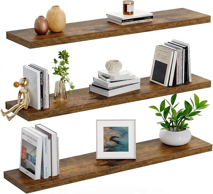 AMADA HOMEFURNISHING 23.6" L Floating Shelves, Wall Shelves Set of 3 for Bathroom/Living Room/Bedroom/Kitchen, Floating Shelves for Wall Decor with Invisible Brackets - AMFS44V, Rustic Brown