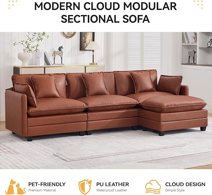 111'' Sectional Cloud Deep Seat Couch, Modern Comfy Leather L Shaped Sectional Sofa for Living Room Set, Upholstered Modular 4-Seats Sofa Couch with 1 Movable Ottoman, Leather Brown
