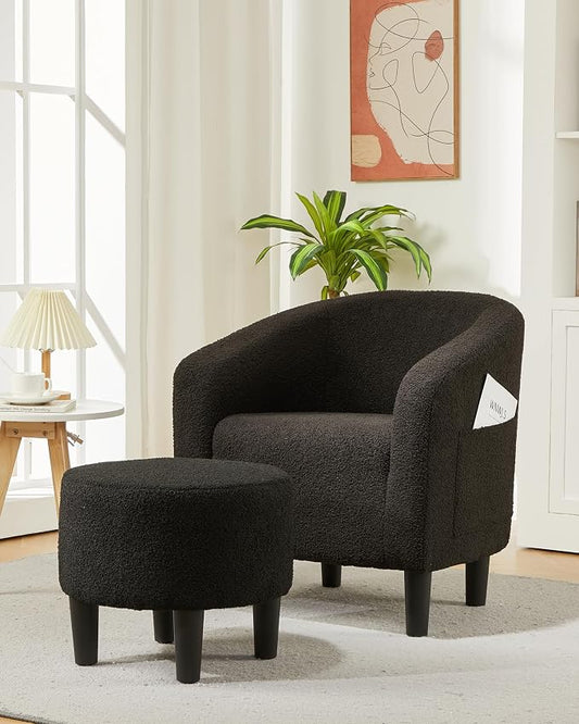 GarveeHome Accent Chair with Ottoman, Boucle Barrel Armchair, Modern Club Chair with Stool for Bedroom Reading Room, Stylish Corner Chair, Black