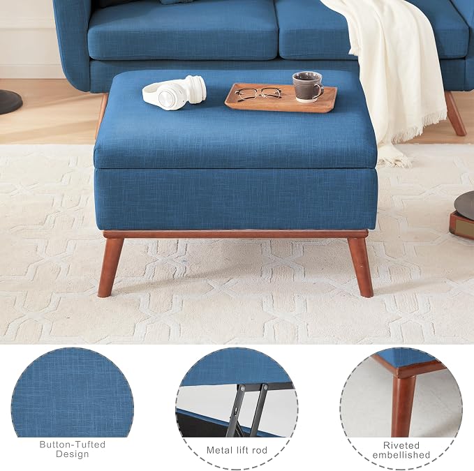 Tbfit 65" W Loveseat Sofa with Ottoman Coffee Table, Mid Century Modern Love Seat Couches for Living Room, Button Tufted Upholstered Small Couch for Bedroom,Easy to Install Love Seats Furniture, Blue | linen fabric