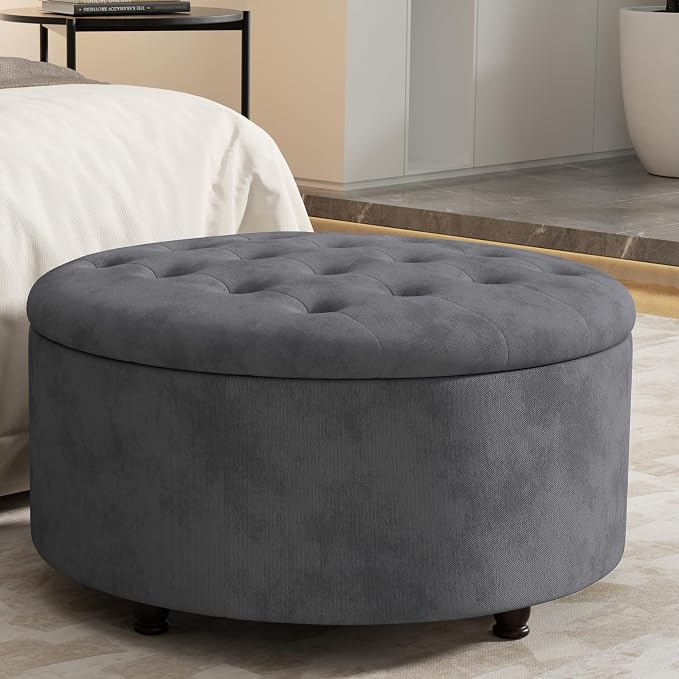 30 Inch Round Storage Ottoman,Modern Tufted Ottomans,Circular Coffee Table with Removable Top,Upholstered Large Ottoman with Storage Footrest Stool for Bedroom Living Room (Grey)