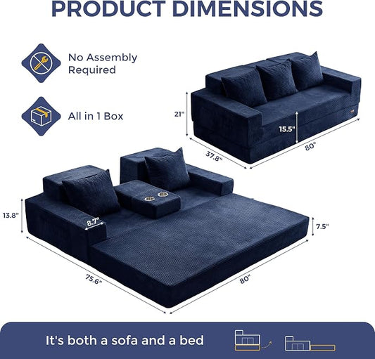 MAXYOYO Convertible Sofa Bed, 80" Oversized Boneless Loveseat Couch 4 in 1 Foldable Floor Sofa Couch in A Box with 2 Cup Holders, Folding Chair for Living Room, No Assembly Required, Navy