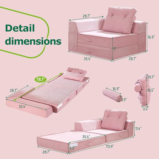 Folding Sofa Bed, 4 in 1 Convertible Sleeper Chair with Pillow, Standard Memory Foam Fold Out Chair Bed, Modern Floor Futon Sofa Couch Mattress for Living Room/Guest/Apartment, Pink