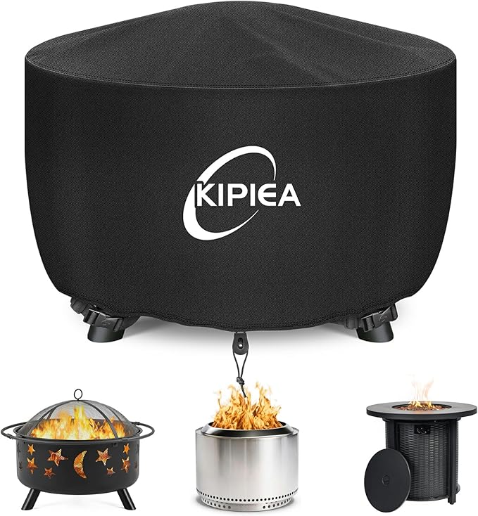 Kipiea Round Fire Pit Cover 100% Waterproof, 32" D x 16" H Outdoor Firepit Cover, Upgraded 600D Strong Tear and UV Resistant, Black