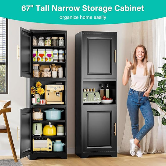 SISESOL 67" Tall Narrow Storage Cabinet with 2 Door and 7 Shelves,Slim Kitchen Pantry Cabinet,Black Metal Bathroom Cabinets,Large Cupboard for Home,Kitchen,Laundry,Bathroom