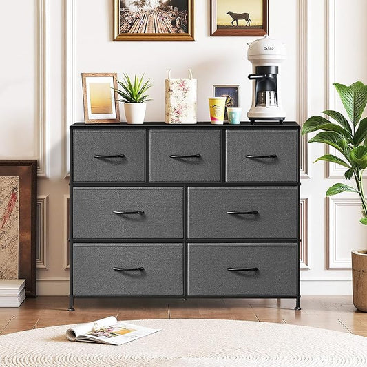 7-Drawer Dresser for Bedroom, Anti-Tip Wide Storage Organizer Fabric Chest of Drawers TV Stand for 45" TV with Wooden Top and Metal Frame for Closet, Living Room, Hallway, Entryway, Gray