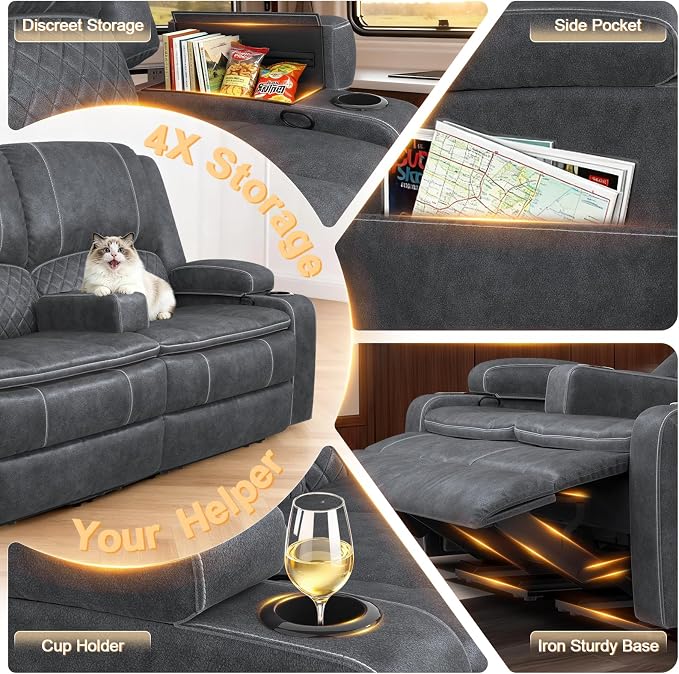 RV Loveseat Recliner Wall Hugger, Manual RV Reclining Loveseat with Removable Armrest, 3X Adjustable Theater Wall Hugger Loveseat Recliners with USB Ports, Cup Holders, Multi-Storage (Velvet,Grey)