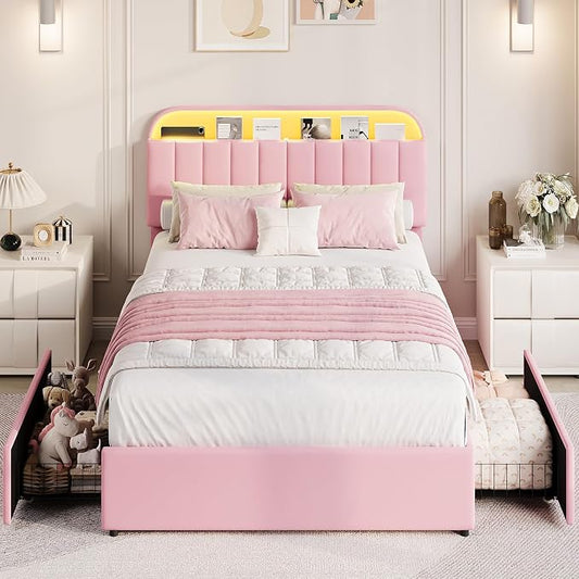 GarveeHome Queen Bed Frame with Storage Headboard, Kids Bed Frame with 2 Drawers, Velvet Upholstered Platform Bed Frame with Lights, No Box Spring Needed, Easy Assembly, Velvet Pink