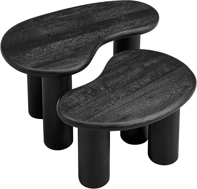 Modway Hackney Mango Wood Nesting Coffee Table Set in Black - 2 Piece Kidney-Shaped Wood Coffee Table for Living Room