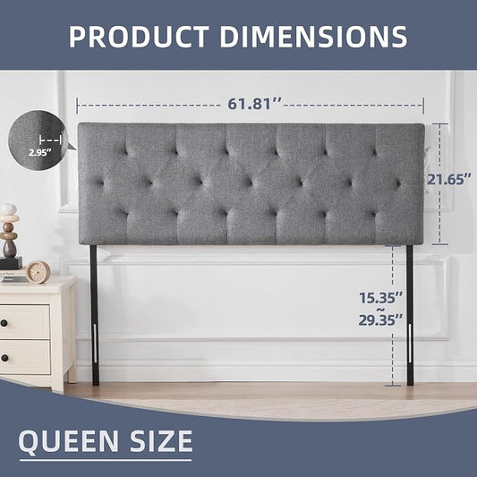 Linen Headboard Queen Size Only, Adjustable Height 37-51 in, Light Gray | Diamond Tufting Solid Wood Queen Headboards, Durable Metal Legs, Upholstered Queen Head Board for Bed Frame, Modern Fabric
