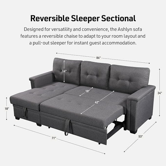 Lilola Home Ashlyn 84-inch Wide Dark Gray Linen Fabric Reversible Sleeper Sectional Sofa with USB Charging Ports – Convertible Pull-Out Bed, Storage Chaise, Side Pockets, and Medium Firm Cushioning