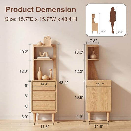 Solid Wood Bookshelf with Drawers,Narrow bookcase with Storage Shelves,Tall Nightstand with Drawers,Mid Century Modern Nightstand,Open Shelf Bookcase,Small Book Shelf for Bedroom,Living Room,Offices