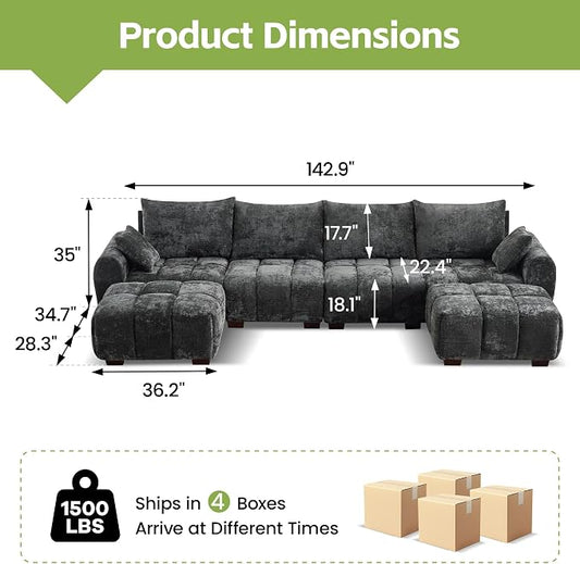 143" Oversized U Shaped Cloud Modular Sectional Sofa, Modern Chenille Upholstered 6 Seater Couch with 2 Removable Ottomans, Tufted Deep Seat & Wood Legs, Large Grey Sectional Couches for Living Room