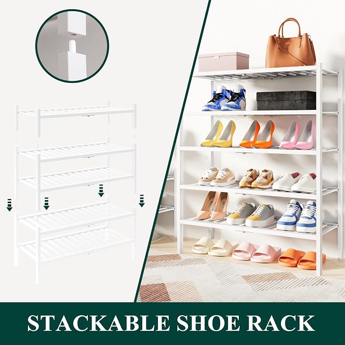 Smiry Small Bamboo Shoe Rack, 6 Tier Free Standing Wooden Shoe Organizer, Stackable Wood Shoe Storage Shelf for Closet, Entryway, 14 Vertical Slats, 2+2+2 Stack Thicker Legs, 17.3"x11"x39", White