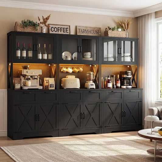 Unikito 94.5" Extra Wide Kitchen Pantry Cabinet with 3 Power Outlets & LED Light, 71" Tall Large Kitchen Hutch Cabinet with Countertop, DIY Pegboard with Hooks & Drawers, Farmhouse Food Pantry, Black
