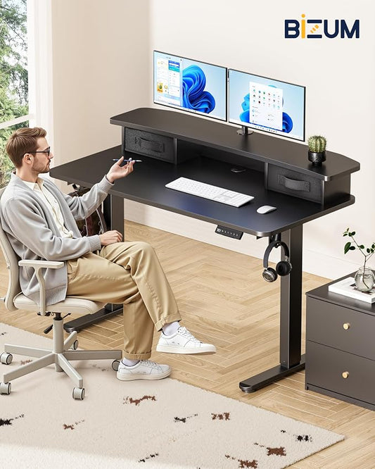 BIZUM Standing Desk with 2 Drawers Computer Desk-Stand up Desk Home Office Gaming Memory Desks C-Clamp Mount Compatible, 48x24 Inch Black