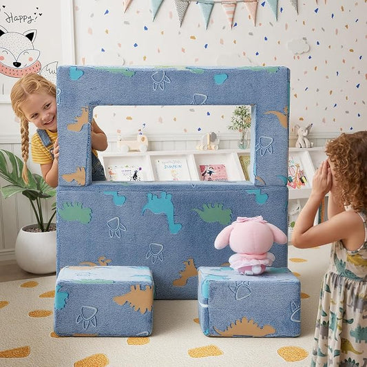 MeMoreCool Modular Kids Couch Dinosaur, Glow Dino Play Toddler Couch for Bedroom, Convertible Foam Kids Sofa Bed, Fold Out Baby Sofa for Girl Boy