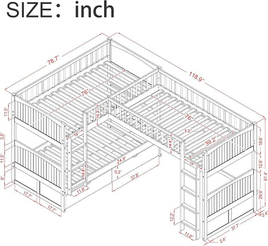 Flieks Triple Bed Twin-Over-Twin-Over-Twin Bed L Shaped Bunk Bed with 2 Drawers and 2 Ladders, No Box Spring Needed