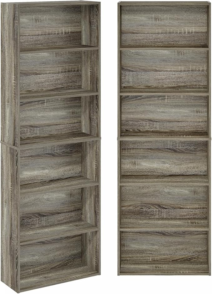 Furinno Jaya Book Shelf Set of 2, 6-Tier Bookshelf, Bookcase, 9.5 x 24.6 x 71, for Home Office, Living Room, French Oak