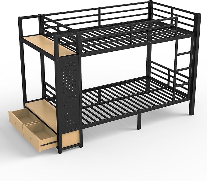 Bellemave Bunk Bed Twin XL Over Twin XL,Metal Bunk Bed with Shelf and Guardrails,Queen Bunk beds with Storage Drawers and Clothes Hooks for Kids, Teens & Adults(Black)