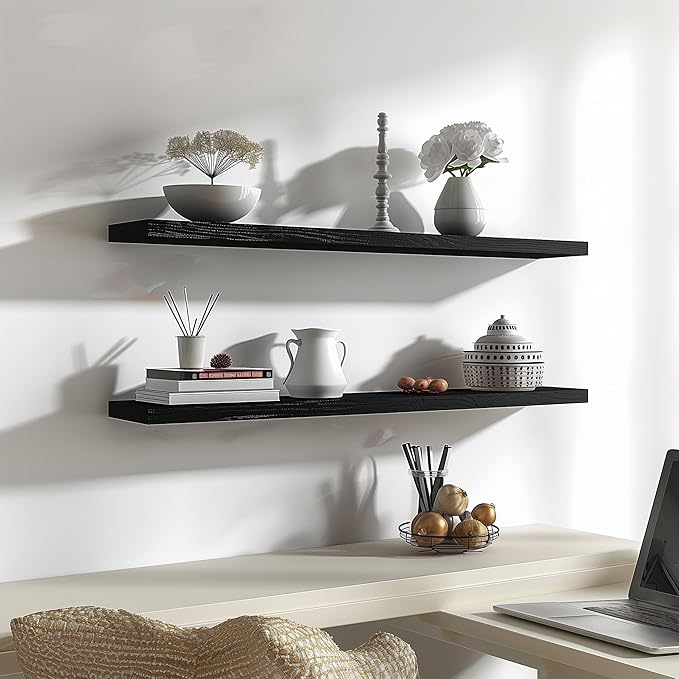 YYWUOJJ Wood Floating Shelves for Wall Decor, Rustic Wall Shelves for Bedroom Bathroom Kitchen Living Room, Set of 4 Black 48 Inch
