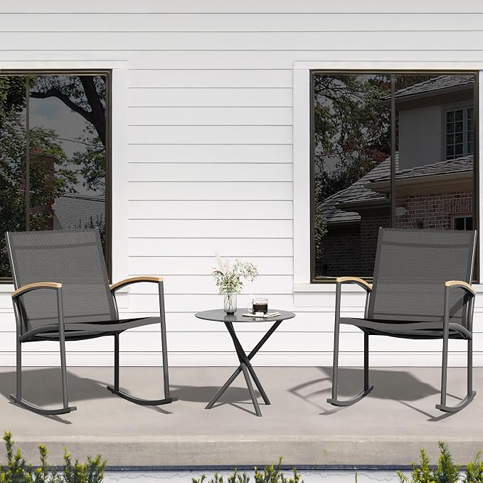 Shintenchi 3 Pieces Patio Rocking Bistro Sets,Outdoor Textilene Fabric Conversation Bistro Set,Front Porch Rocker Chairs Small Patio Furniture Set with Table for Lawn,Garden,Balcony(Black)