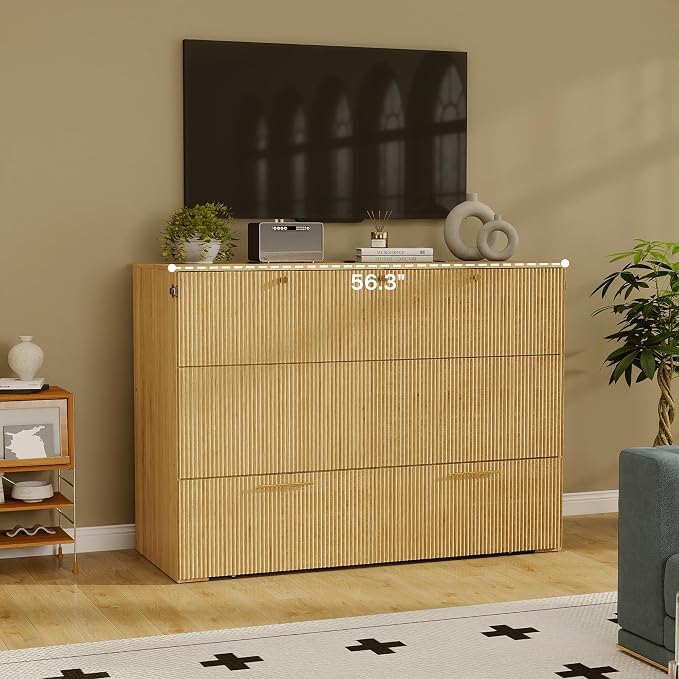 Full Size Murphy Bed Cabinet: Oak Murphy Bed with Charging Station, Wood Cabinet Bed with Large Drawers for Guest Room, Living Room and Office