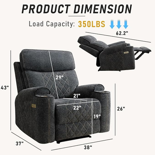 HAOMARKETS Electric Recliner Chair Set of 2, Soft Fabric Power Recliners with Metal Cup Holders, Single Overstuffed Heavy Duty Reclining Sofa Chairs for Living Room Bedroom, Dark Grey