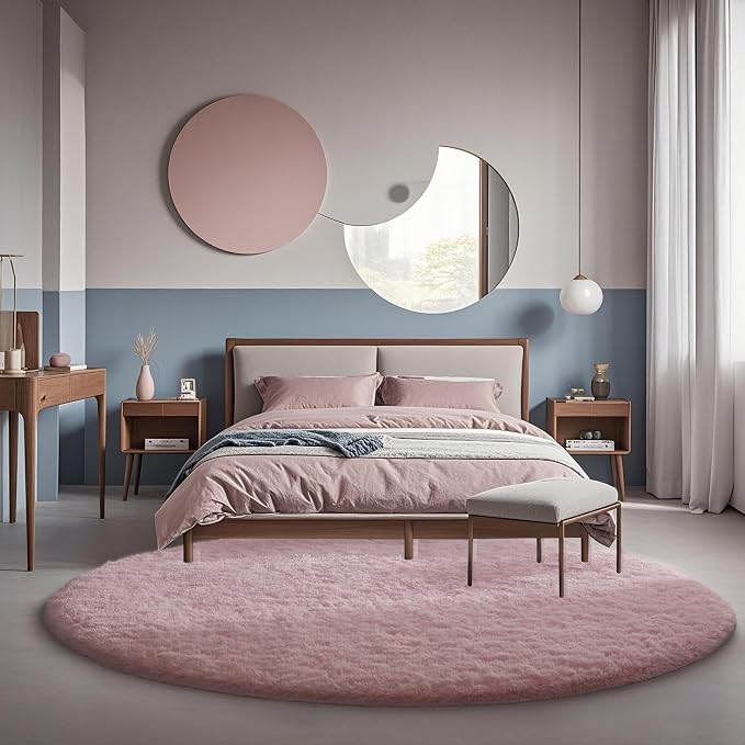 Ophanie Round Rugs 6Ft Pink Circle Area Rug,Fuzzy Bedroom Carpet,Large Shag Plush Floor Kawaii Christmas Living Room Rugs 6 Foot,Cute Room Decor for Kids Teen Girls Baby with Over 99 pcs Pile fibers