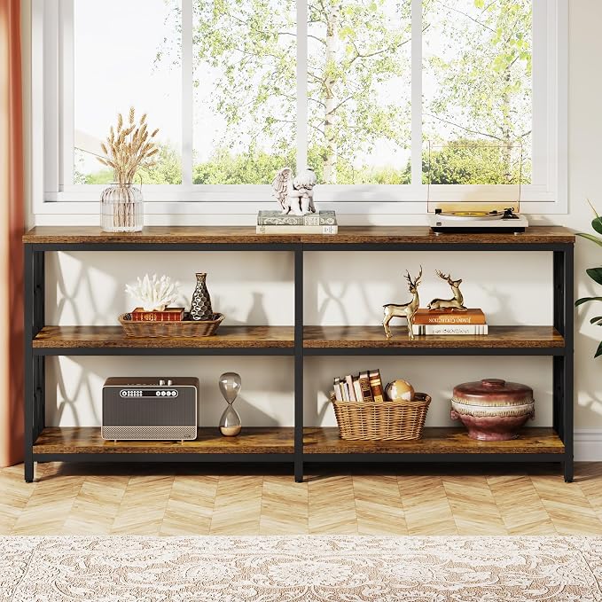 LITTLE TREE Console Table with Storage Shelves, 70.9" Industrial 3-Tier Sofa Table for Living Room, Long Foyer Table Entryway Table for Hallway, Front Door, Entrance, Rustic Brown & Black