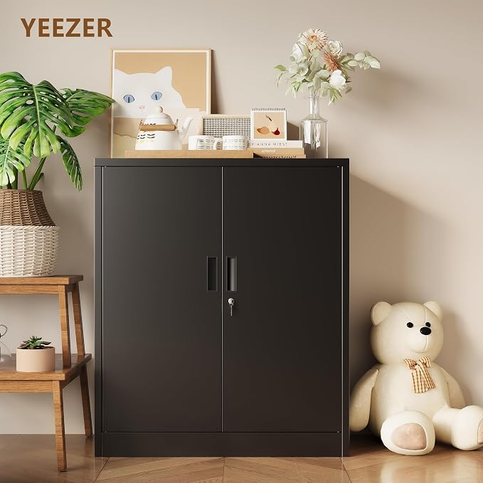 Metal Storage Cabinet, 36" H x 32" W x 16" D Locking Storage Cabinet, Metal Storage Cabinet with Locking Doors for Home, School, Office, Garage, Black