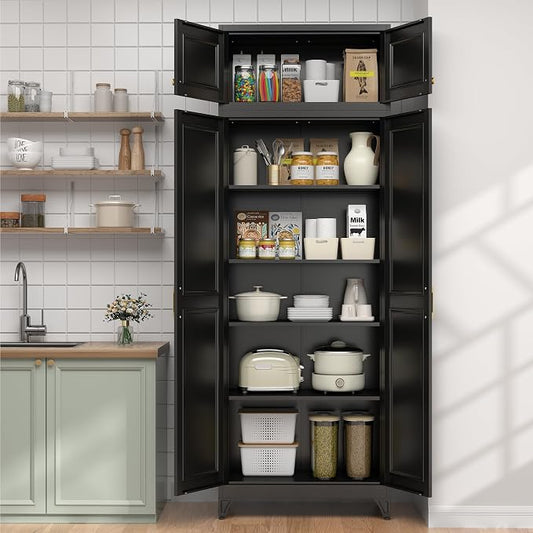 UNICOLY 90.8" H Kitchen Pantry Cabinet, Tall Storage Cabinet with Doors and 4 Shelves, Metal Storage Cabinets for Kitchens, Living Room, Dinning Room, Assembly Required, Black