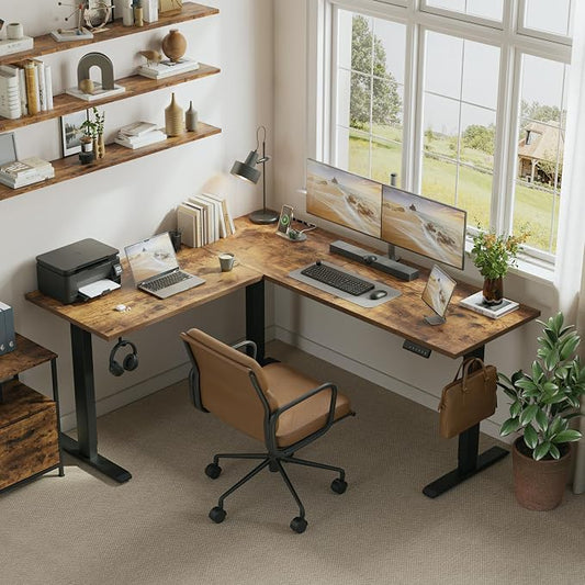 Klicelor L Shaped Standing Desk 63 x 55 Inch, Electric Height Adjustable Corner Desk for Home Office Workstation, Ergonomic Sit Stand Computer Table with Memory Controller, Rustic Brown