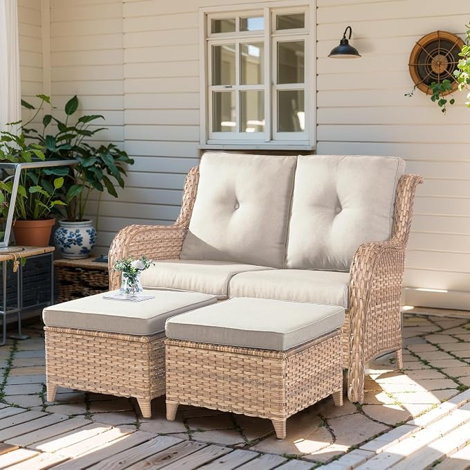 Outdoor Loveseat Sofa - 3 Piece Patio Furniture with Ottoman Deep Seating Patio Couch for Porch Deck Garden Backyard - Yellow/Beige