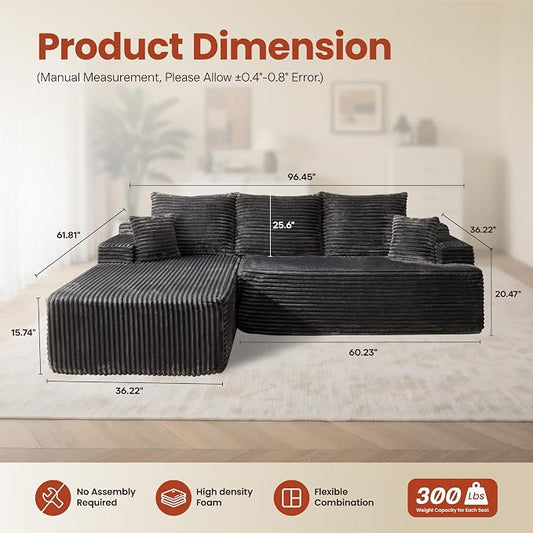 ovios 96" Cloud Sectional Couch with L-Shape Chaise,Modern Modular Sofa with Deep Seat, Upholstered Couches for Living Room Bedroom,No Assembly Required, Grey (Plush Corduroy Fabric)