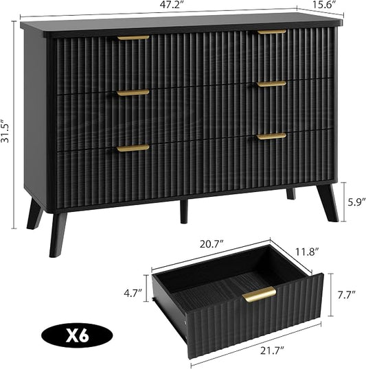 GarveeHome Fluted Dresser for Bedroom with 6 Deep Drawers, 47.2 in Wide Modern Chest of Drawers, Wooden Dresser TV Stand, Curved Profile Design, for Living Room, Kids Room, Hallway, Black