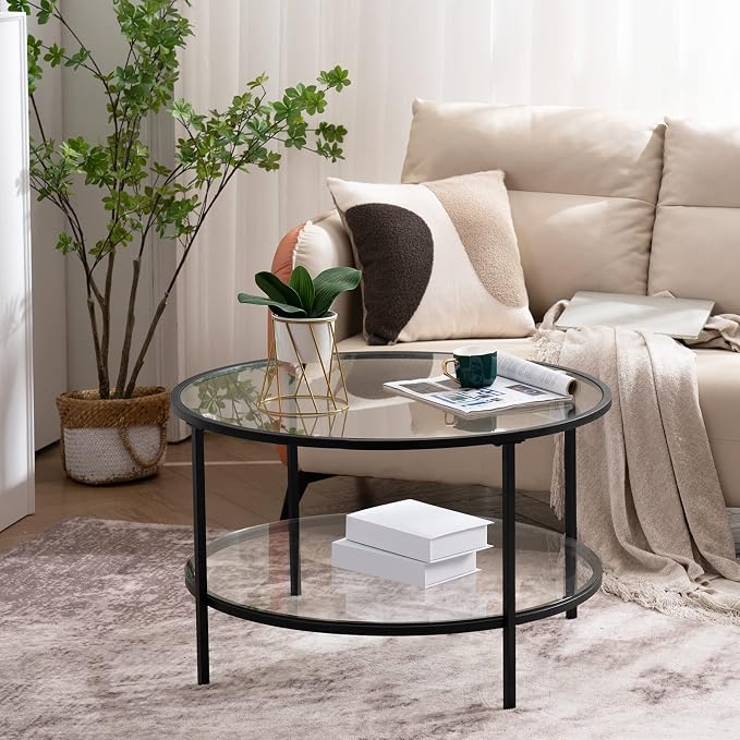 VINGLI Glass Coffee Table,30" Round Coffee Table Black Coffee Tables for Living Room, 2-Tier Clear Glass Top Side Table with Storage. Simple & Modern Center Table Mesa de Centro para Sala