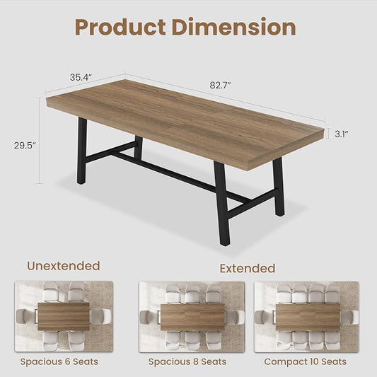 GarveeHome 63-83" Extendable Dining Table, Industrial Rectangular Dining Room Table for 6-8 People, Expandable Kitchen Table with Heavy Duty Metal Frame for Dining Room, Kitchen & Parties, Rustic Pear