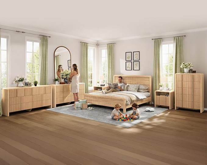 AMERLIFE 3-Piece Modern Fluted Bedroom Furniture Set, Including Wood Queen Size Bed Frame with Headboard & Footboard and Storage Night Stand Set of 2, Wooden Bedframe and Nightstand Sets, Natural Oak