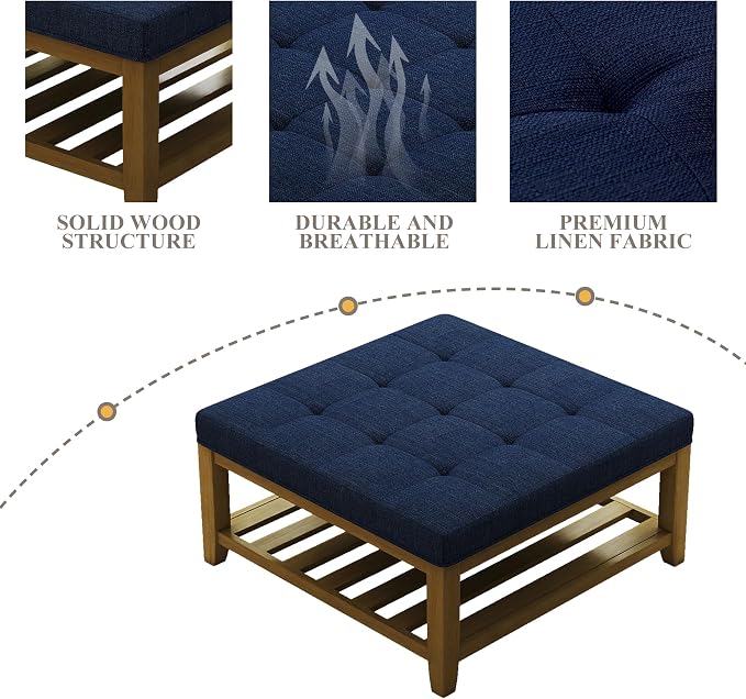 Befurtori Large Square Ottoman Coffee Table, Linen Solid Upholstered Footrest Ottoman with Solid Wood Shelf Storage Tufted Coffee Table for Bedroom Living Room, Navy Blue