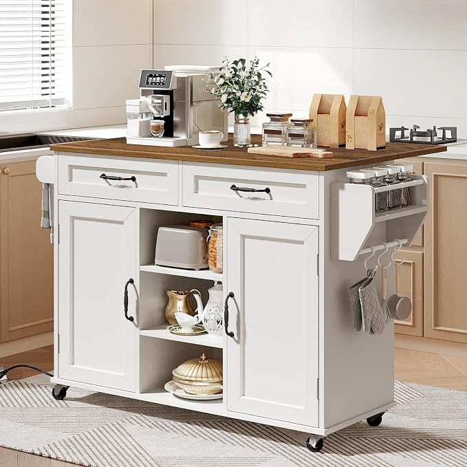 RALGEND Kitchen Island with Storage, Kitchen Rolling Island on Wheels with Power Outlet & Drop Leaf, Kitchen Island Cart with Drawer and Spice Rack, Mobile Island Table for Kitchen,White and Walnut