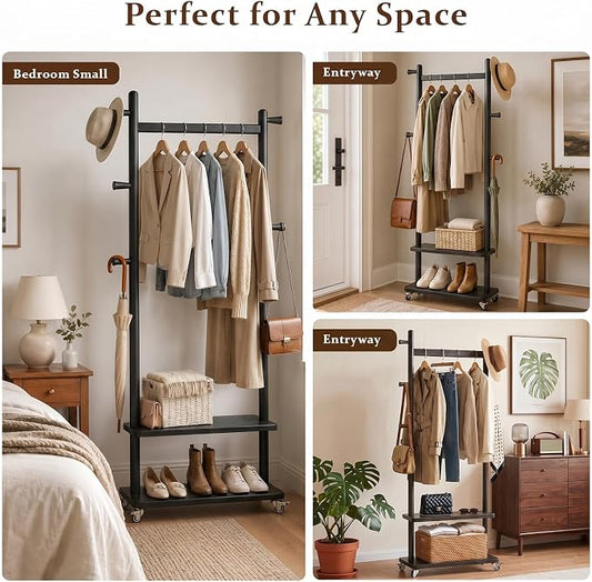 Taitiy Coat Rack Freestanding Clothing Rack with Wheels & 2 Shelves Storage & 5 Hooks Heavy Duty Clothes Rack Wood Coat Tree Stand Hat Hanger Rack for Corner Bedroom Entryway Living Room Hotel Size L
