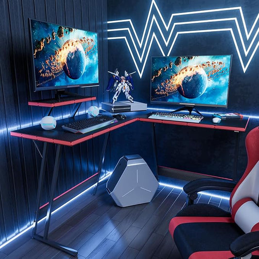 Homall L Shaped Gaming Desk Computer Corner PC Desk Table with Large Monitor Riser Stand for Home Office Sturdy Writing Workstation (Black, 47 Inch)