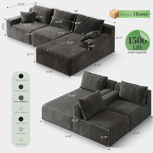 Homkdom L-Shape Modular Sectional Sofa for First Apartment & Small Space | Boneless Couches for Living Room,Compressed Delivery Fits Through Doorways, 3 Modules Convert to Guest Bed, No Assembly