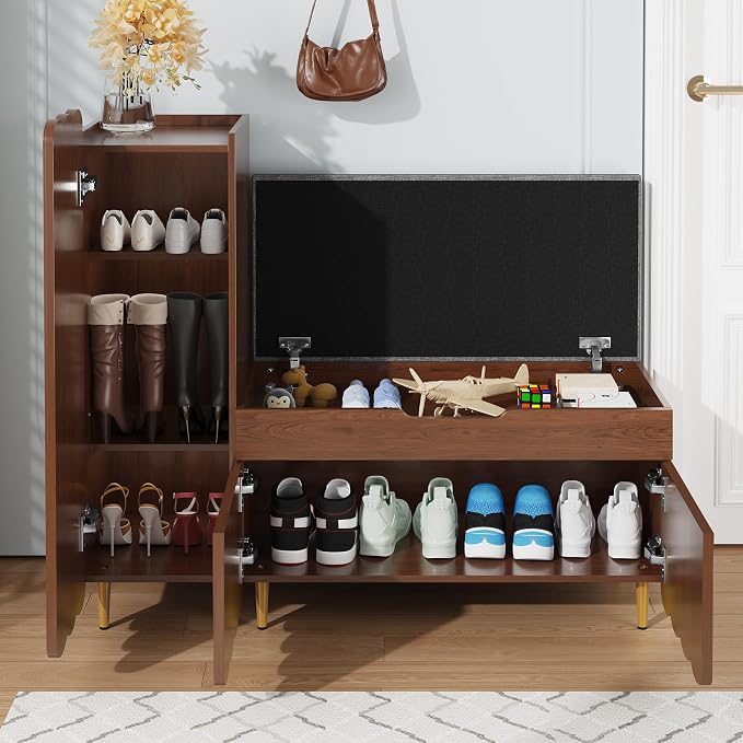 3More Shoe Organizer Cabinet,Entryway Bench with Adjustable Shelves and Cushioned Seat,Unique L-Shaped Bench Cabinet for Entryway, Hallway, Living Room