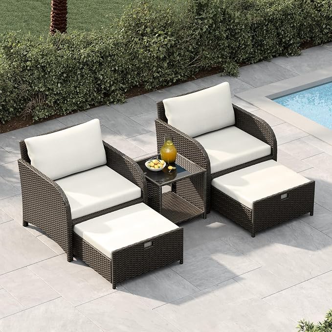 Garvee 5-Piece Outdoor Patio Conversation Set, PE Rattan Wicker Patio Furniture with Hidden Ottomans, Soft Cushions & Glass Coffee Table, Outdoor Lounge Chairs for Porch, Backyard, Balcony
