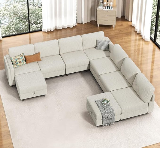 KKL Modular Sectional Sofa Bed - Sofabed with Storage Ottoman, Convertible L/U-Shaped Sleeper Couch for Living Room, Modern Reversible Design, Beige