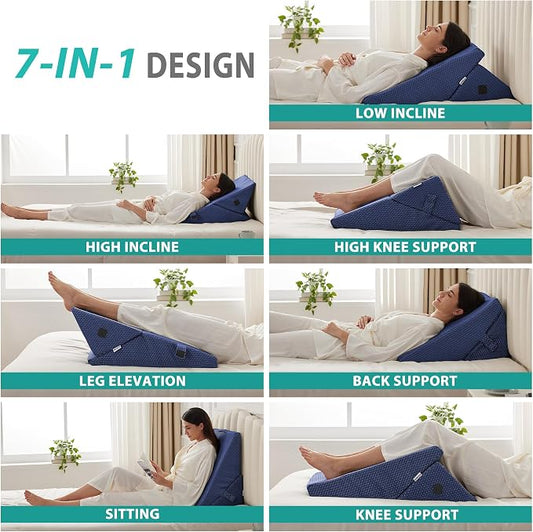 Wedge Pillow for Sleeping, Adjustable 9&12 Inch Foldable Bed Wedge Pillow Set, Orthopedic Memory Foam Triangle Pillows Wedge, 7-in-1 Elevated Pillows for Leg and Back Support, Navy